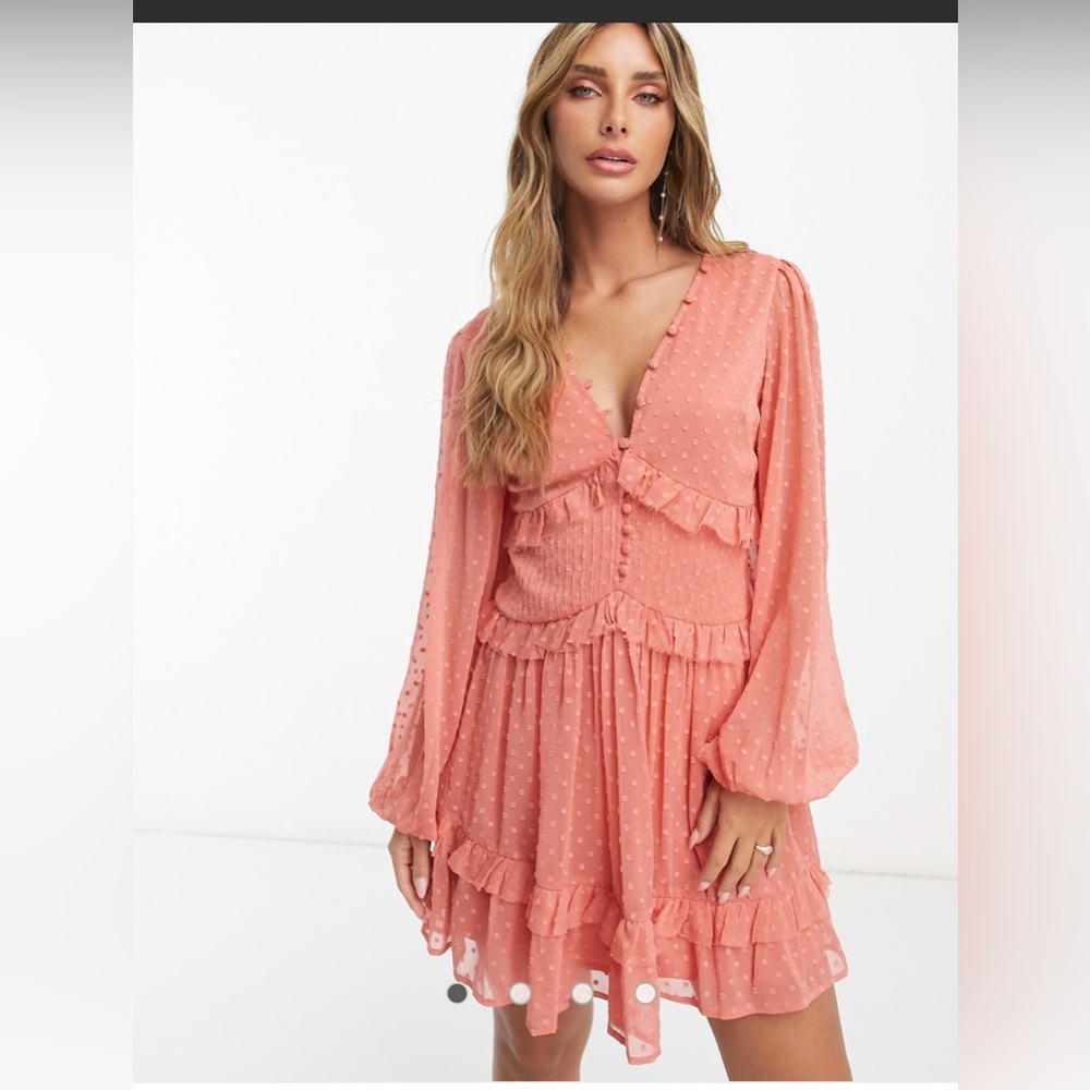 ASOS Coral Pink Swiss Dot Ruffle Mini Dress